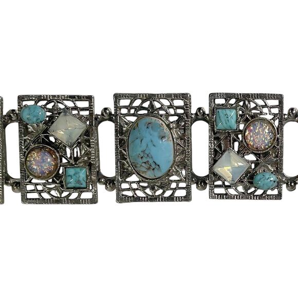 80s Silver Tone Faux Turquoise & Iridescent Stones Retro Victorian Link Bracelet - Picture 6 of 7
